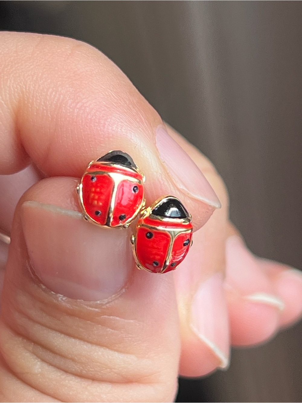 Ladybug 14k gold  Stud Earrings - Red and Black Enamel - Picture 2 of 5